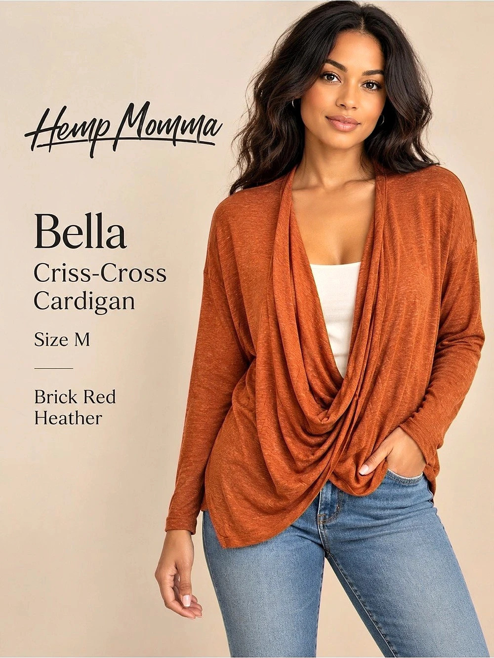 Hemp Momma Bella Criss-Cross Cardigan Brick Red Heather NWT Size M